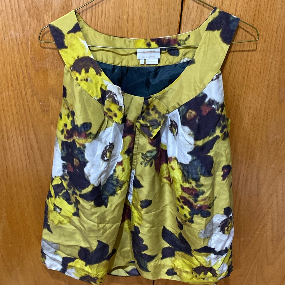 Kate Spade Yellow Floral Silk Bow Tunic Blouse Top Size S